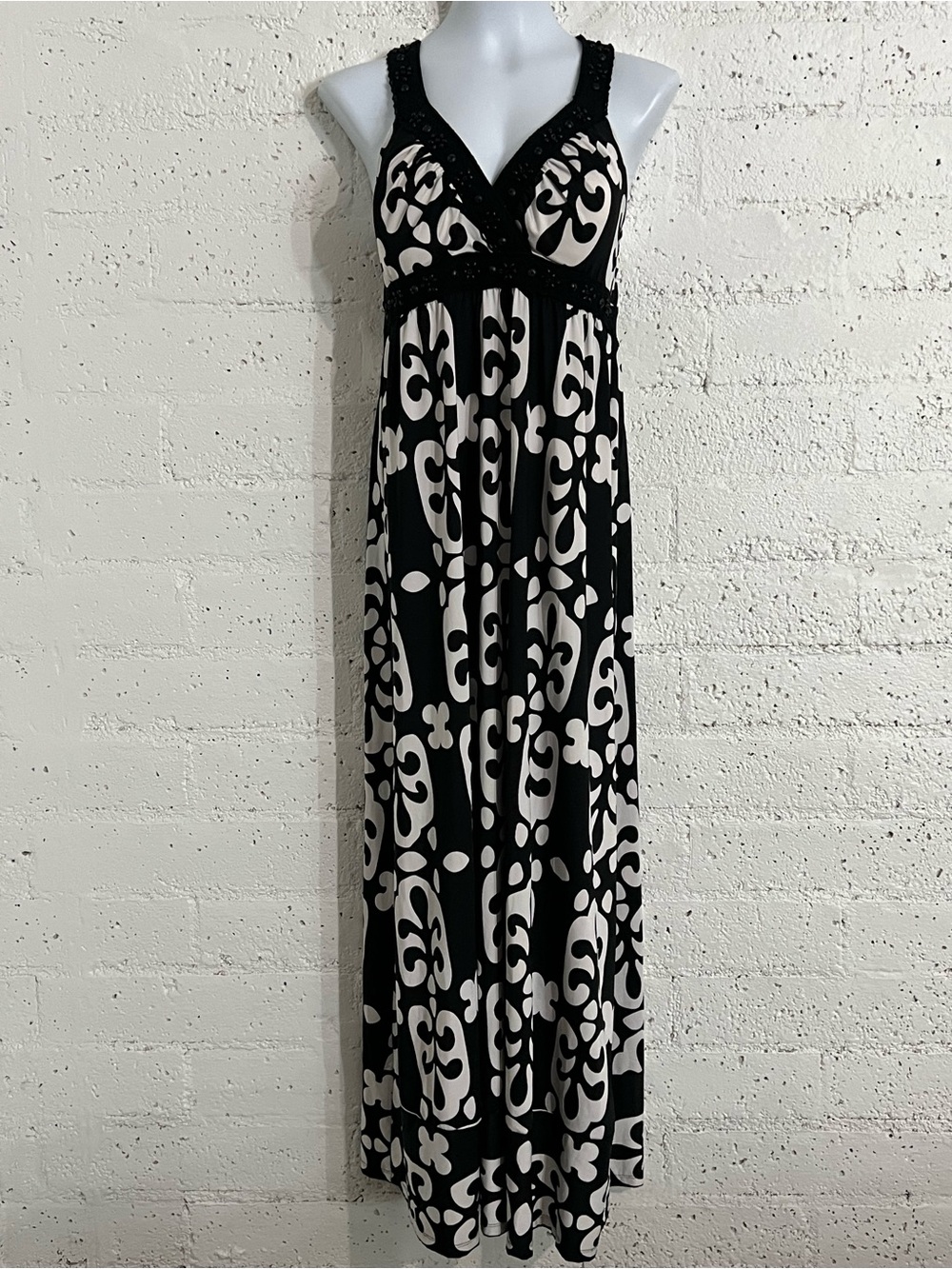 INC International Concepts Maxi Dress L Black White Empire Waist Stretch B7